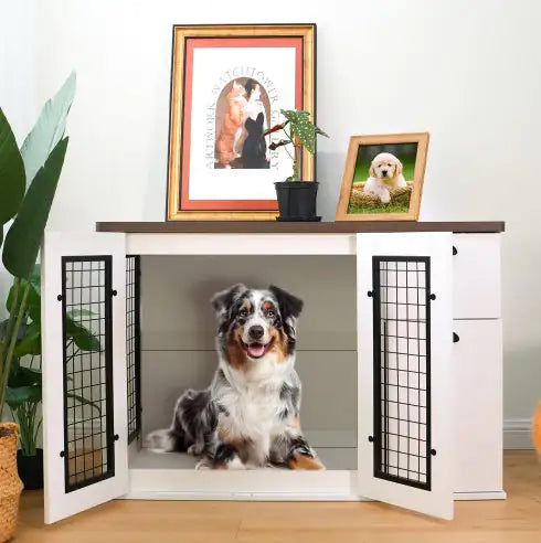 Pets Australia™ Furniture Style Wooden Dog Cage – Double Door Dog Crate with Side Cabinet