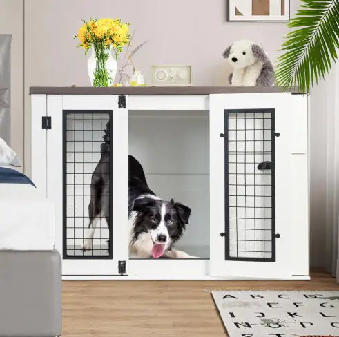 Pets Australia™ Furniture Style Wooden Dog Cage – Double Door Dog Crate with Side Cabinet
