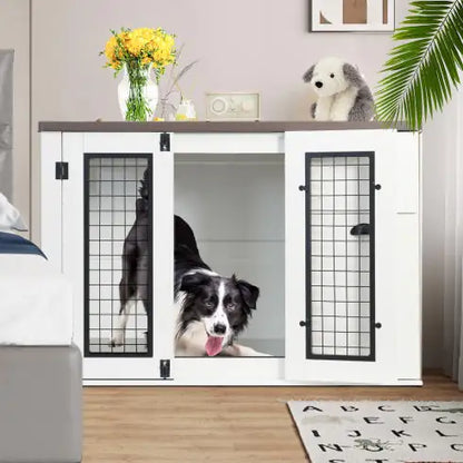 Pets Australia™ Furniture Style Wooden Dog Cage – Double Door Dog Crate with Side Cabinet