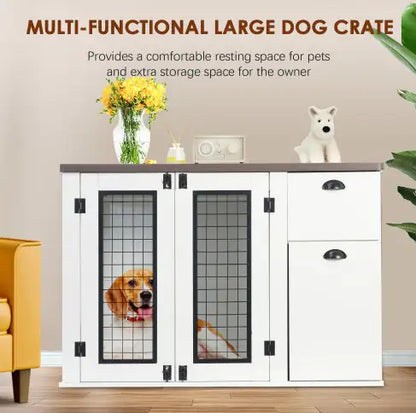 Pets Australia™ Furniture Style Wooden Dog Cage – Double Door Dog Crate with Side Cabinet