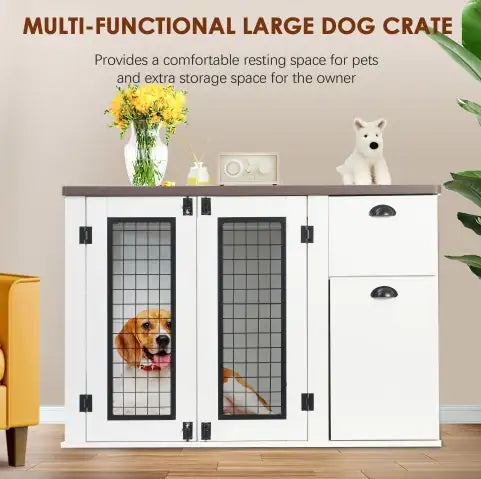 Pets Australia™ Furniture Style Wooden Dog Cage – Double Door Dog Crate with Side Cabinet