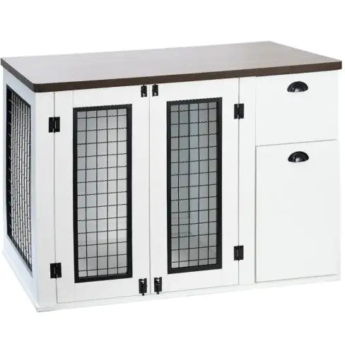 Pets Australia™ Furniture Style Wooden Dog Cage – Double Door Dog Crate with Side Cabinet